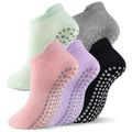 5 Pairs Pilates Socks with Grips for Women Non Slip Grip Yoga Crew Socks for Barre Hospital Barefoot - color: B - Black Gray Pink Purple Green