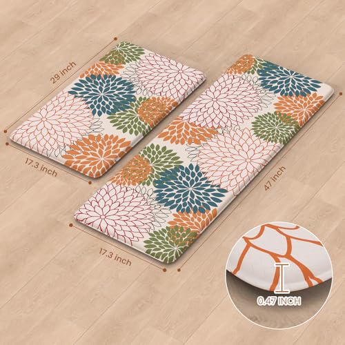 Kitchen Rugs and Mats Cushioned Anti Fatigue Kitchen Mat 2PCS Non-Skid Waterproof Kitchen Runner Rug Comfort Foam Standing Mat for Floors,Office,Laundry,Sink,Floral - color: Colorful, size: 17.3" x 47 "+ 17.3" x 29 "--0.47 inches