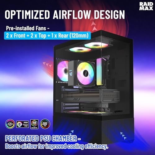 Raidmax i802 Vibe Series ATX Mid Tower Gaming Case Bundle – Tempered Glass Side Panel, Includes 700W 80+ Power Supply, AM1204 Digital Display Air Cooler, and 5 Pre-Installed FRGB Fans (Black) - color: Black