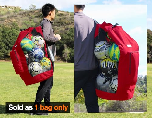 Fitdom Heavy Duty XL Soccer Mesh Equipment Ball Bag w/Adjustable Shoulder Strap Design for Coach. with an Over-Sized Front Pocket for Sporting Accessories. Best for All Outdoor & Water Gears - color: Red / Black