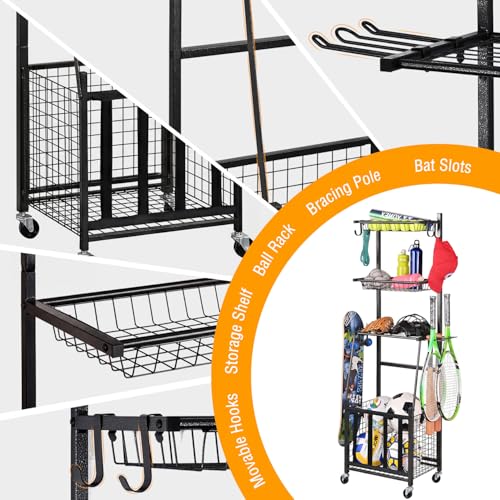 PLKOW Sports Equipment Storage for Garage, Indoor/Outdoor Sports Rack for Garage, Ball Storage Garage Organizer with Basket and Hooks,Toy/Sports Gear Storage - color: Black, 17.2"L x 12.6"W x 59"H