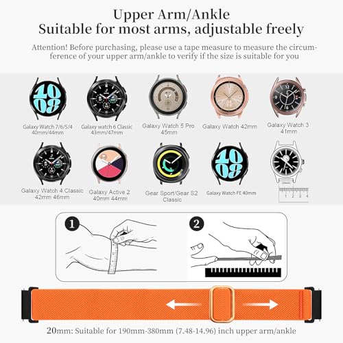 20mm Nylon Sport Ankle/Arm Band Compatibel with Galaxy Watch 7/6/5/4/FE 44mm 40mm/Watch 5 Pro/ 6 Classic 47mm 43mm/ 4 Classic Strap,Elastic Oberarmband Bicep Band for Women Men - color: orange