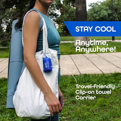 Evapor8 Cooling Towels with 2 Silicone Cases, 4 Pack, UPF 50 | Neck and face towel, snap-activated fabric for extreme heat, gym workouts, running, hiking, travel and beach days, 40” x 12”