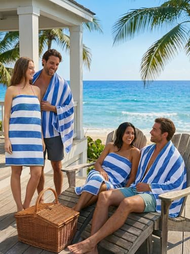 Utopia Towels Pack of 4 Cabana Beach Towels, Oversized 30 x 60 Inches Cotton Beach Towel Set, Smooth Ring Spun Texture for Pool and Swim Days, Modern Striped Design Bath Towels, Blue - color: Blue, size: 30 x 60 - 4 Pack