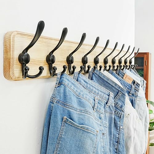 Dseap Coat Rack Wall - Heavy-Duty 38-1/4" Long, with Reinforced 10 Custom Tri-Hooks, Solid Wood Wall Hanger for Coats Hat Jackets - Rustic Farmhouse Entryway Hallway Storage, Light Brown & Black - color: Light Brown & Black, size: L=38.3"