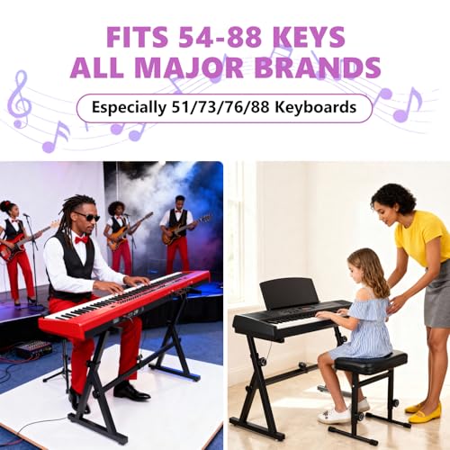 Digital Piano Keyboard Stand and Bench Set - Heavy Duty Adjustable Portable Music Stand and Bench Seat for 54-88 Key Electric Pianos
