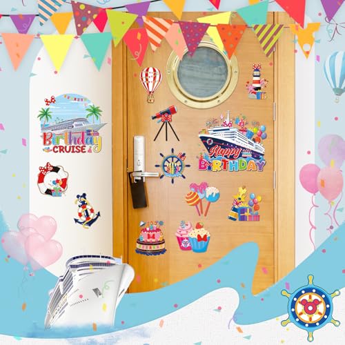 RiVolTa Mouse Birthday Cruise Decorations - 12 Pcs Ship Door Decorations Magnets Stickers Cute Mice Funny Anchor Magnetic Accessories with Pen for Cabin Stateroom Refrigerator Car Carnival Party Decor - color: Birthday