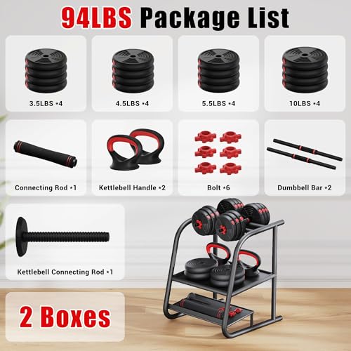 Adjustable Dumbbells, GOIMU 32/54/76/94LBS Free Weight Set, 4 in 1 Dumbbell Set Used as Barbell, Kettlebell, Push Up Stand, Fitness Exercise for Home Gym Suitable Men/Women - style: 32LB(16LB Pair)