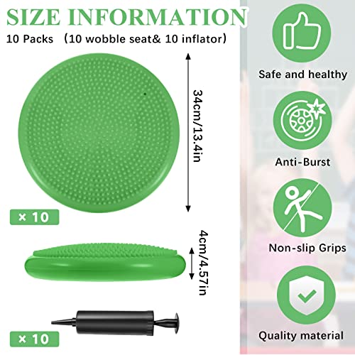 10 Pcs Wobble Cushion Wiggle Seat for Sensory Kid Flexible Seating Promotes Active Learning Improves Student Productivity Stability Inflated Balance Disc Pad with Air Pump for Classroom - color: Green