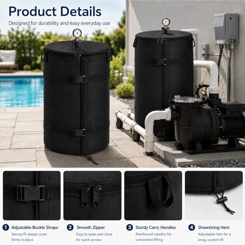 2 Pack Pool Filter Cover, Heavy Duty Pool Equipment Cover for for wide range of cartridge and D.E. filters, UV Resistant Pool Pump Enclosure with Adjustable Straps & Top Zipper