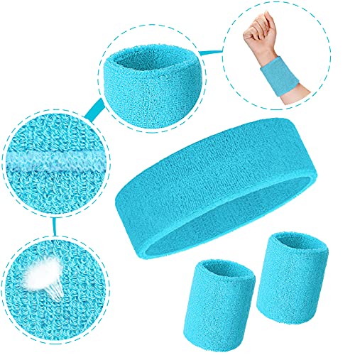 Bememo 6 Pcs Neon Sports Sweatbands Set Sports Competitions Sweatbands 2 Headband 4 Wristbands Breathable Terry Cloth Athletic Bands for Team Soccer Spirit 80s Costumes Cosplay - color: Neon Blue