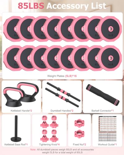 Rendpas 4-in-1 Adjustable Dumbbell Set with Foldable Weight Bench, Convert to Barbell Kettlebell Push-Up Stand, 800LBS Bench 10 Angles Incline Decline Flat, Home Gym Weight Set - color: Pink, size: 85LB Dummbell Set & Adjustable Bench