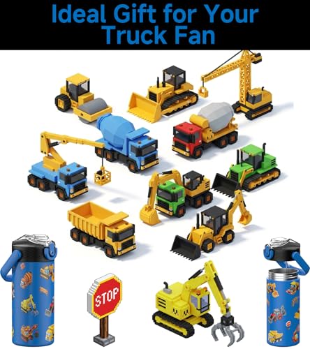 MYFOREST 14oz/400ml Insulated Kids Water Bottle, Odor-free Liner, 3D Touch | No Plastic Taste, Surgical Steel - No Chemical Leaching, Name Spot, Soft Sipper, Gift for Machine Fan, Construction Vehicles - color: Construction Vehicles