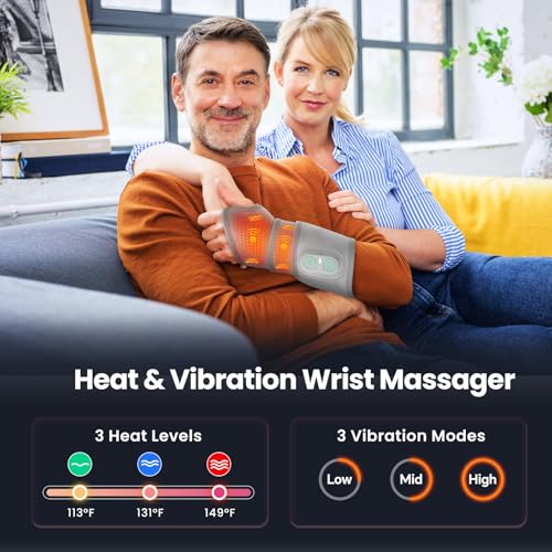 Cordless Wrist Heating Pad Wrap, Heated Wrist Brace with Vibration, Heated Wrist and Hand Massager, 3 Heat Levels, 3 Massage, Rechargeable Heating Pad for Wrist and Hand, Elbow, Ankle - color: Light Grey