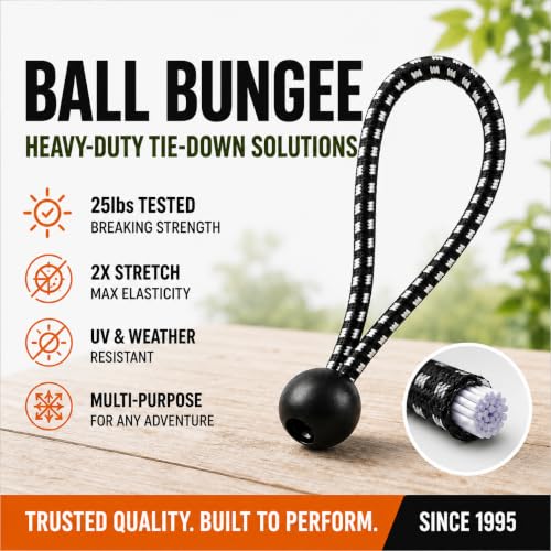 Heavy Duty Ball Bungee Cords 25lbs Breaking Strength, Stretches to 12 Inch, 50 Pcs 6 Inch Cords with Large 1-Inch Ball, UV Resistant Tarp Tie Downs for Canopy, Camping, Tents, Tarps, Black/White