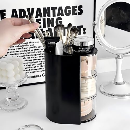 Azurphoric Hair Accessories Organizer with Hair Brush Holder, Rotatable Makeup Brush Holder for Necklaces, Earring, Bracelet, Ring, Makeup Brushes, Hair Clip and Hair Accessories (Black, 3-Layer) - color: Black, size: 3-Layer