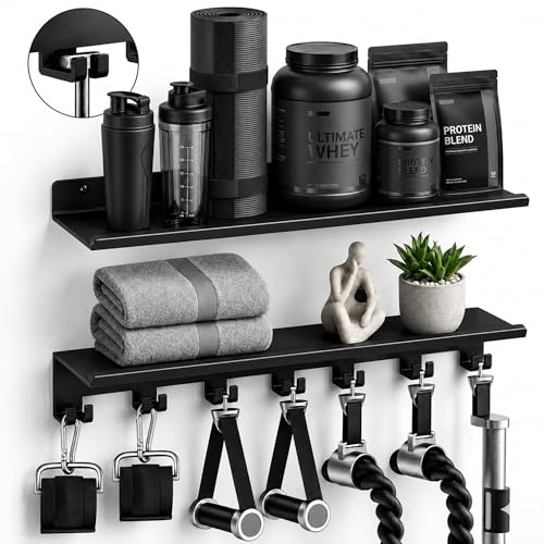 2-Tier Home Gym Floating Shelf Compatible with Tonal Accessories, Heavy Duty Wall Mount Workout Storage Rack & Organizer Holder with 7 T-Lock Hooks for Smart Handles, Bar and Rope - size: 2-Tier