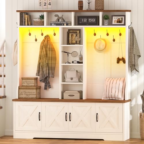CSZZD Hall Tree with Bench and Shoe Storage, Farmhouse Entryway Bench with Coat Racks and Led Lights, Large Hall Tree with 12 Coat Hooks, 8 Storage Cubbies, Adjustable Shelf - color: Antique White, size: 59.1"
