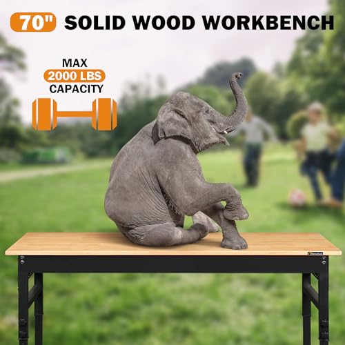Betterhood 70" Adjustable Height Workbench, 2000 LBS Heavy Duty Work Table with Power Outlets & Pegboard, Rubber Wood Workstation for Garage, Workshop, Office, Home, Commercial - size: Rubber Pad / Pegboard / Power Outlets / 70"x21"
