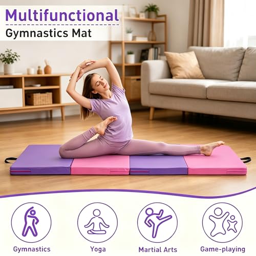 Gymnastics Mat, 3FTx6FT / 4FTx8FT 2" Thick Folding Kids' Gymnastic Tumbling Mat for Home Gym Exercise & Play - color: 3.5x6FT-Pink&Purple