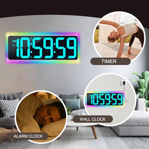 TXL 17.2" WiFi Digital Wall Clock with Seconds, Large Countdown Timer for Classroom Home Gym Office, Alarm Clock with Remote Control, RGB Ambient Lights, 4 Dimmable Brightness, Auto DST(Ice Blue) - color: Ice Blue
