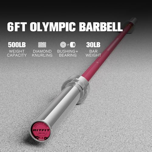 RITFIT Olympic Barbell 4ft/6ft - 2 Inch Weight Bar for Strength Training, Weightlifting, Squat, Deadlift, Bench Press, Curl, Overhead Press - 350lbs/500lbs Capacity - color: Pink, size: 6FT without Collar