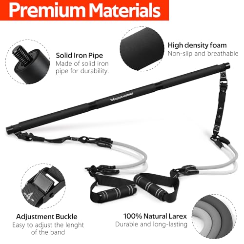 Pilates Bar Kit with 6 Latex Resistance Bands, Adjustable Exercise Bar - color: Black Pro