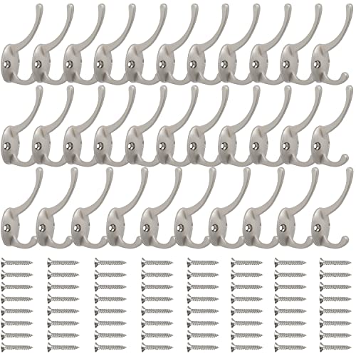 IBosins 32 Pack Silver Coat Hooks Wall Mounted with 64 Screws Retro Double Hooks Utility Silver Hooks for Coat, Scarf, Bag, Towel, Key, Cap, Cup, Hat - color: 32 Pcs Silver