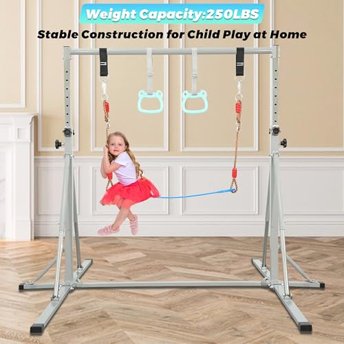 FC FUNCHEER Foldable Gymnastics Bar,5FT Horizontal bar,Adjustable Kids Training bar for Kids Ages 3-15,Kids Gymnastics bar,Triangle Stable Structure-Gym Equipment for Home - color: Grey, style: Bar-Swing-Rings