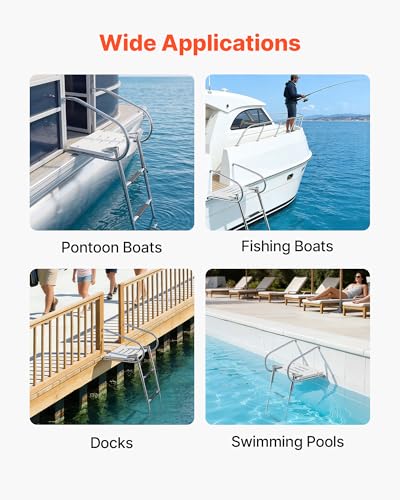 VEVOR Boat Ladder, 3 Steps Stainless Steel Telescoping Folding Swim Deck Ladder for Rear Entry Inboard, 400 lbs Capacity with Wide Non-Slip Steps & Handrails, for Outboards, Yacht, Pontoon Boats - size: 3 Steps