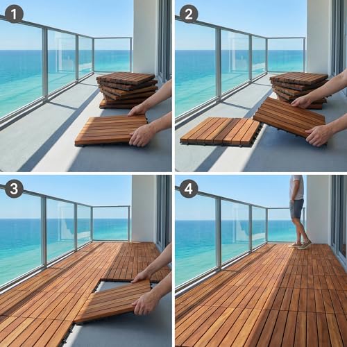 Bare Decor EZ-Floor Interlocking Flooring Tiles in Solid Teak Wood Oiled Finish (Set of 10), Long 9 Slat - size: 10 Tiles (10 sq ft)