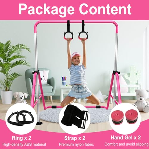 Tepemccu Gymnastics Rings for Kids, Pull Up Rings for Strength Training | with Adjustable Straps, Home Gym Full Body Workout - color: Pink