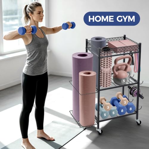 Yoga Mat Storage Rack, Home Gym Essentials Foam Roller Yoga Blocks Dumbbells Kettlebells Resistance Bands Workout Exercise Organizer Equipment Sports Fitness Gear Garage Organization Racks