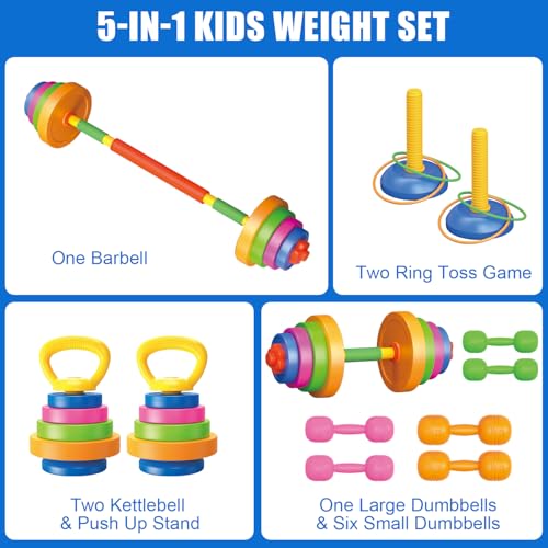 Kids Exercise Weight Set, Barbell and Dumbbell Workout Equipment, Toddler Beginner Gym Toy for Pretend Play Lifting Exercise & Fitness, Adjustable Fill with Sand or Water - size: 5-In-1
