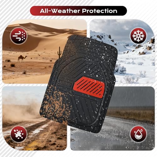 Coverado Car Floor Mats All Weather Waterproof Deep Dish Anti-Slip Car Mats Set, Heavy Duty Rubber Floor Mats for Cars, Universal Trim to Fit Automotive Floor Mats for Cars Trucks SUV, Black&Red - color: Black&Red