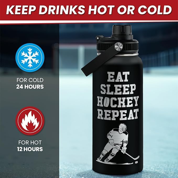 SANDJEST Ice Hockey Insulated Engraved Stainless Steel Water Bottle 32oz, Vacuum Chug Lid Travel Tumbler For Men Friends Hockey Lovers Fans Coaches,Birthday Christmas - color: Ice Hockey