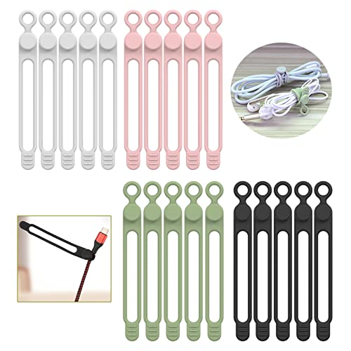 [20Park]UMUST Silicone Cable Ties,Reusable Cable Management Organizer, Multipurpose Elastic Cord Organizer for Bundling and Fastening Cable Cords Wires(black,white,pink,green) - color: 20pcs-[black, White, Pink ,Green], size: 4.2Inch