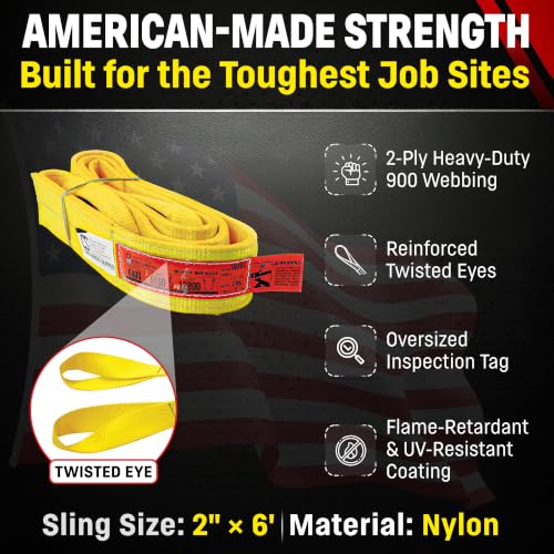 DD Sling (USA Made). 2" wide X (4' to 20' lengths) in Listing! 2 Ply Twisted Eye, Nylon Lifting Slings, Eye & Eye, Heavy Duty (900 webbing), 6,400 lbs Vertical, 5,100 Choker, 12,800 Basket Load Capacity (2inX6ft) - size: 2inX6ft