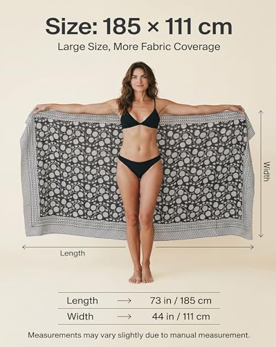 Beach Cover Ups for Women, Cotton Sarong Wrap Pareo | 100% Cotton Sarong Wraps For Women, 73 x 44 In. Pareo Beach Wrap, Bikini Cover Up, Bathing Suit Cover Up, Resort Wear - color: Thamar Black 15