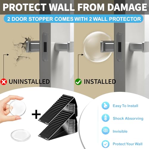 AIMAXINKE Door Stoppers for Bottom of Door-Large Heavy Duty Door Stop Wedge 3'' High Adjustable Spring Metal Tall Doorstop, Strongest Rubber Grip, Suits Carpet, Tile, Home, School +2 Wall Protector - color: Black