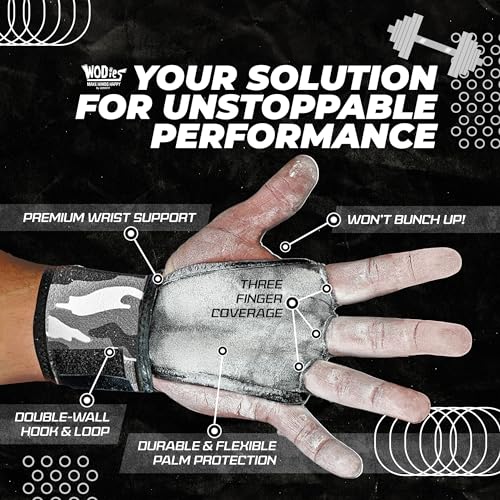 JerkFit WODies Gymnastics & Weightlifting Grips with Wrist Wraps – 3 Hole Versatile Gym Gloves for Pull Ups, Gym Training & Cross Training – Hand Grips Palm Protector for Men & Women - color: Grey Camo, size: Small 3”- 3.5”