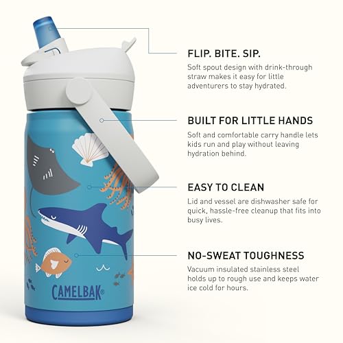 CamelBak Thrive Flip Straw Kids Insulated Stainless Steel Water Bottle with Bite Valve, Spill Resistant Easy Sip Design for School and Play, 12oz, Ocean Life - color: Ocean Life