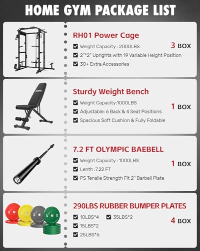 RH01 Power Cage Rack, 2000LBS Squat Rack with with Cable Crossover System&LAT Pull Down System, Multi-Function Workout Cage for Home&Garage Gym - color: Black, size: RH01 Power Cage with 290LB C Weights