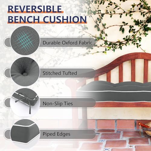 Favoyard Indoor/Outdoor Waterproof Bench Cushion, Dark Grey 48 x 16 inch | 3-Year Fade-Resistant Tufted Pad for Patio Garden Porch Swing Window Kitchen, Non-Slip Ties, High-Density Support, Piped Edge - color: Dark Grey, size: 48 x 16 In