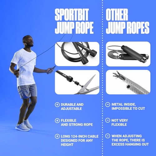 SPORTBIT Adjustable Jump Rope for Fitness and Exercise | Fitness and Exercise, Cardio, Boxing, and Weight Loss, Speed Rope, Men & Women - color: Black