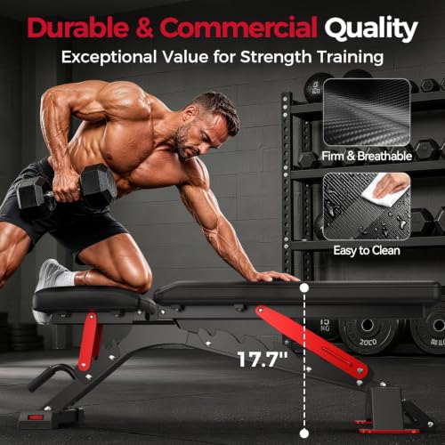 FLYBIRD WB7 Weight Bench, 1300LBS Commercial Adjustable Weight Bench, Workout Bench for Home Gym, Flat Incline Bench Press Heavy Duty Bench with 34'' Extra-Long Backrest and Easy-Roll Wheels - color: Black & Grey