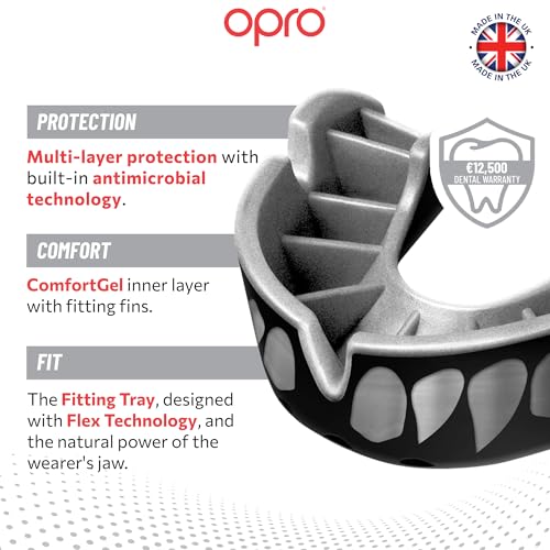 OPRO Silver Level Moldable Mouth Guard Essential Fit (Black/Silver Jaws) Adult & Kids Boxing Mouthguard for MMA & Impact Sports, Self-Fit Mouth Guard for Sports, Football, Hockey - Includes Case - color: Jawz - Black/Silver, size: Adult (Age 10+)