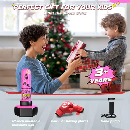 ODOSOLA 67'' Inflatable Punching Bag Freestanding for Kids Aged 3-12 – Heavy Duty Boxing Set for Karate & Taekwondo, Stable Boxing Bag Active Kids Toy, Christmas Birthday Gift for Boys and Girls - color: Pink
