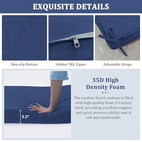 Premium Outdoor Bench Cushions for Patio Furniture 3.5inches Memory Foam Bench Cushion Waterproof Fade Resistant Porch Swing Cushions with Straps 36×18 Inch Blue - color: Blue, size: 36'' x 18'' x 3.5''