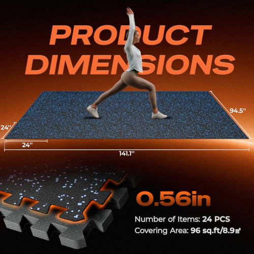 SUPERJARE 0.56'' Thick 24 Pcs 96 Sq Ft Rubber Top Exercise Equipment Mats, High Density EVA Foam Mats with Rubber Top, Interlocking Gym Flooring for Home Gym, Protective Workout Mat, Black/Blue - size: 24 Tiles (96 Sq Ft)